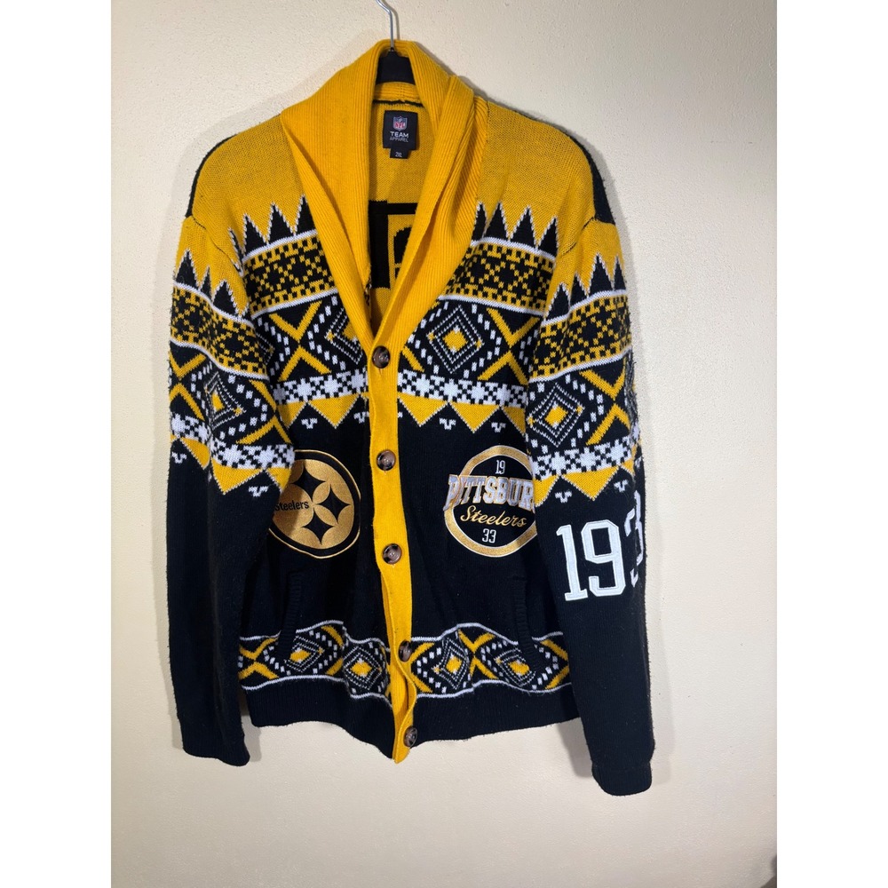 NFL‎ Team Apparel Pittsburgh Steelers Cardigan Sweater Black Gold 2XL 1933 Shawl